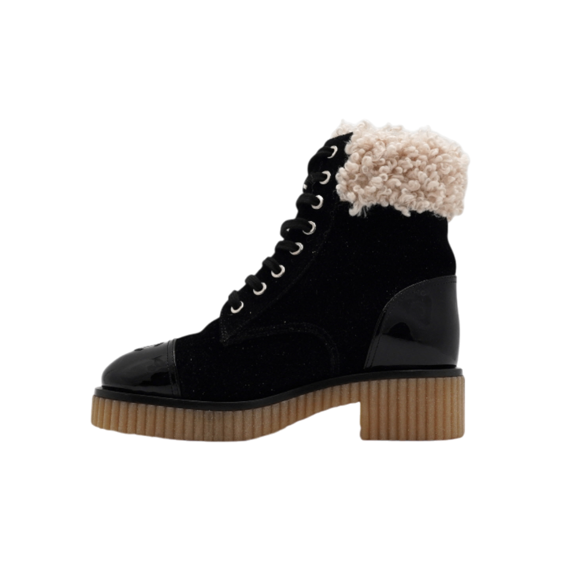 IT7PVAP8ADOS Chanel Black Patent Suede Coco Mark Fur Women Boots