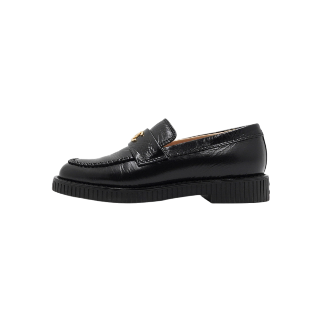 ITGDQPRWPSBK Chanel Black Leather CC Logo Moccasin Loafers
