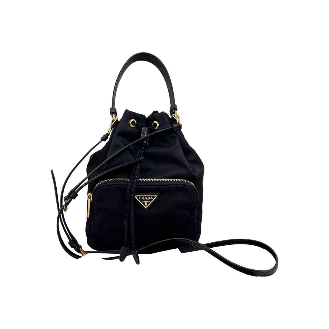 ITFH2GN9KGGS Prada Nylon Triangle Logo Bucket Bag Black