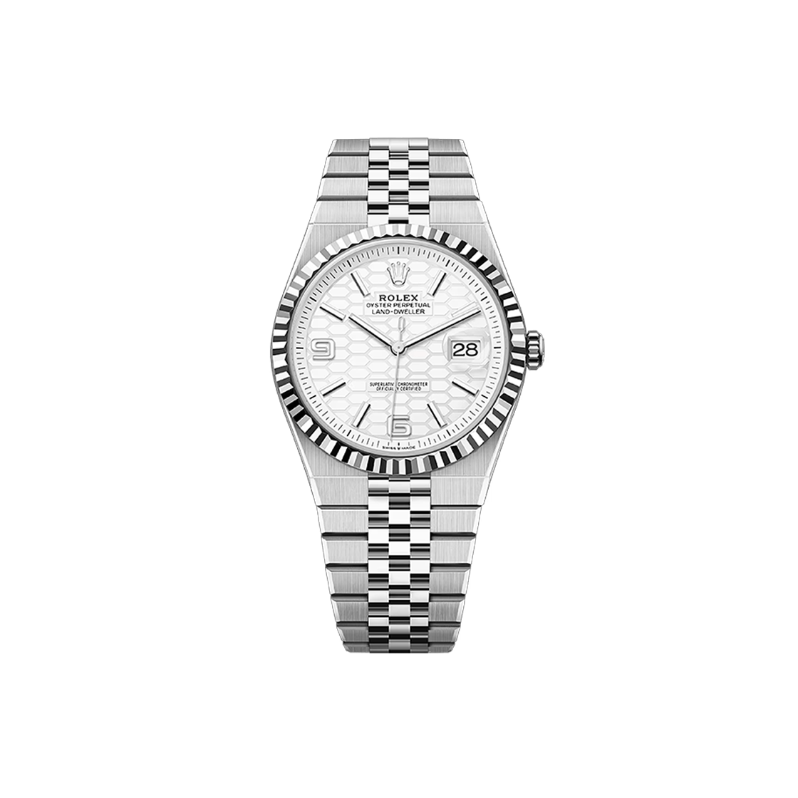 롤렉스 랜드드웰러 화이트 허니콤모티프 아라빅+바 플랫쥬빌리(Rolex Land Dweller White Honeycomb Arabic + Bar Flat Jubilee)