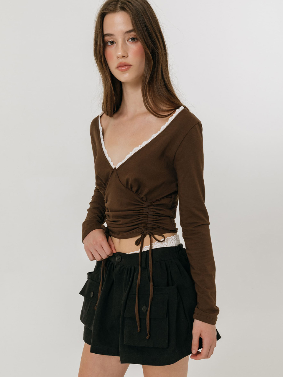 모이페어 레시트 스트링 티셔츠 브라운(MOIFAIRE Lace String T-Shirt Brown) - 5