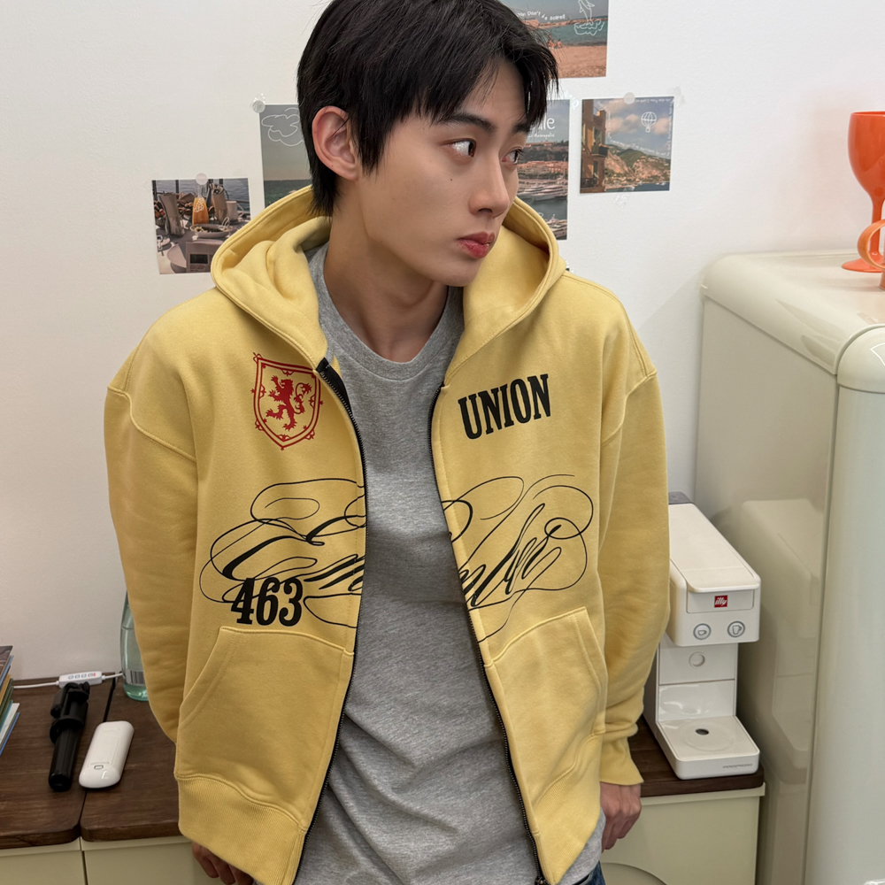 아모우 [기모] 클럽 후드 집업 옐로우(AMOU [Fleece] Club Hoodie Zip-up Yellow) - 5