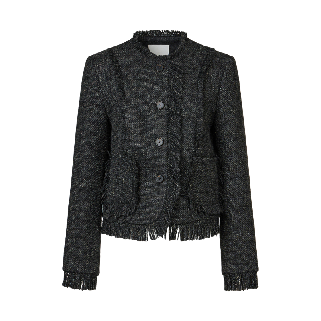 _ KUME Fringed Trim Semi-Cropped Tweed Jacket Charcoal