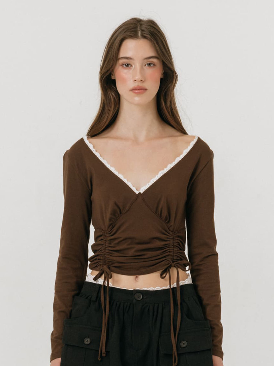 모이페어 레시트 스트링 티셔츠 브라운(MOIFAIRE Lace String T-Shirt Brown) - 2