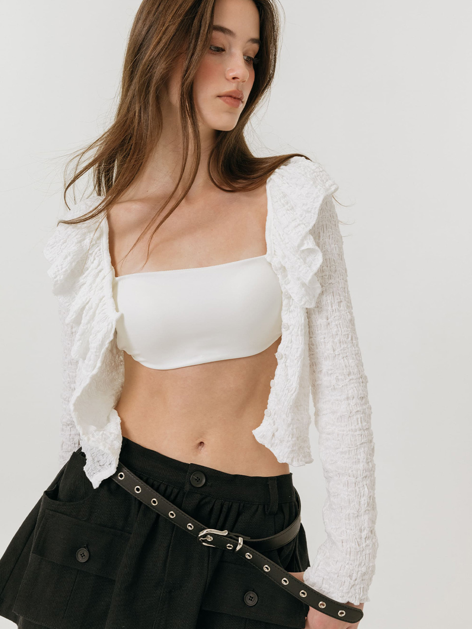 모이페어 크링클 프릴 가디건 화이트(MOIFAIRE Crinkle frill Cardigan White) - 5