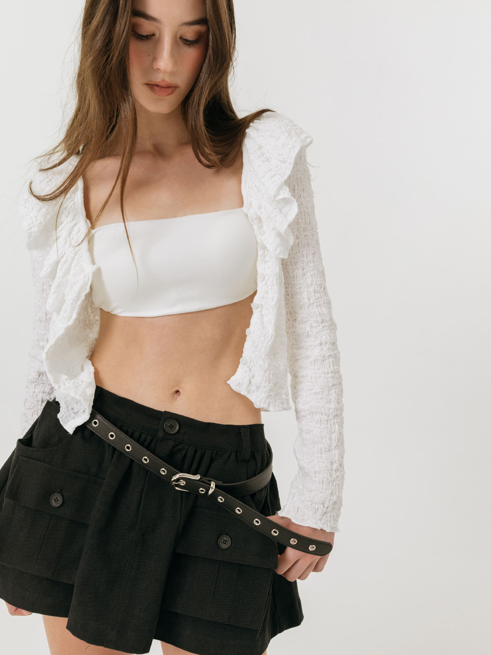 모이페어 크링클 프릴 가디건 화이트(MOIFAIRE Crinkle frill Cardigan White) - 3