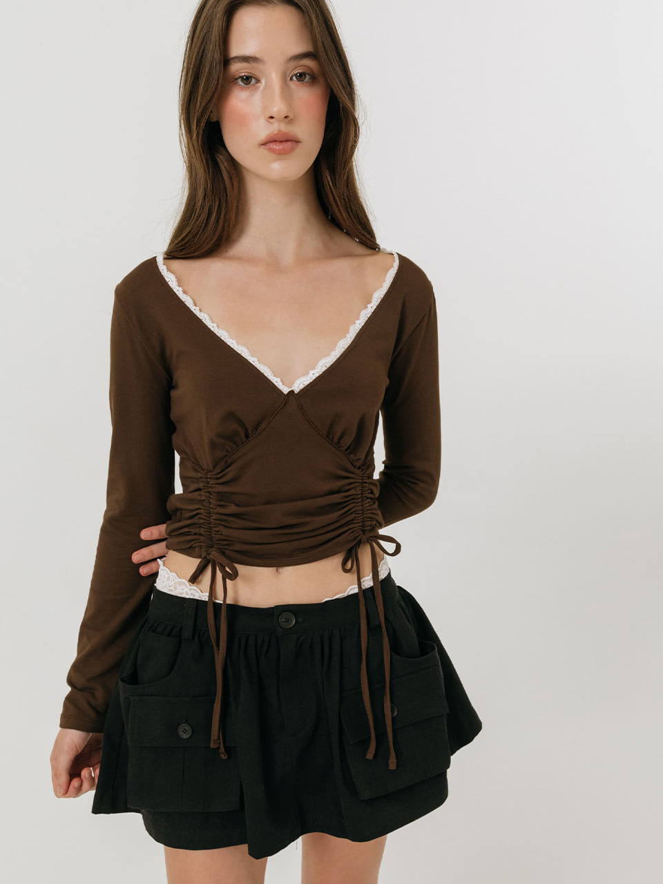 모이페어 레시트 스트링 티셔츠 브라운(MOIFAIRE Lace String T-Shirt Brown) - 3