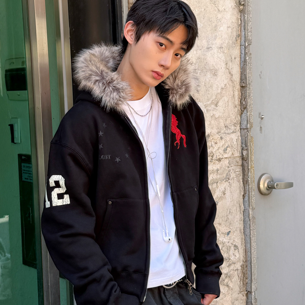 아모우 [기모]  포니 퍼 후드 집업 블랙(AMOU [Fleece] Pony Fur Hoodie Zip-up Black) - 5
