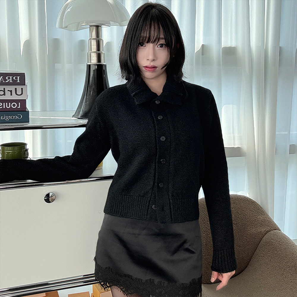 니티드 우먼스 롱 헤어 울 하이넥 크롭 가디건 블랙(Knitted W Long Hair Wool High Neck Crop Cardigan Black) - 3