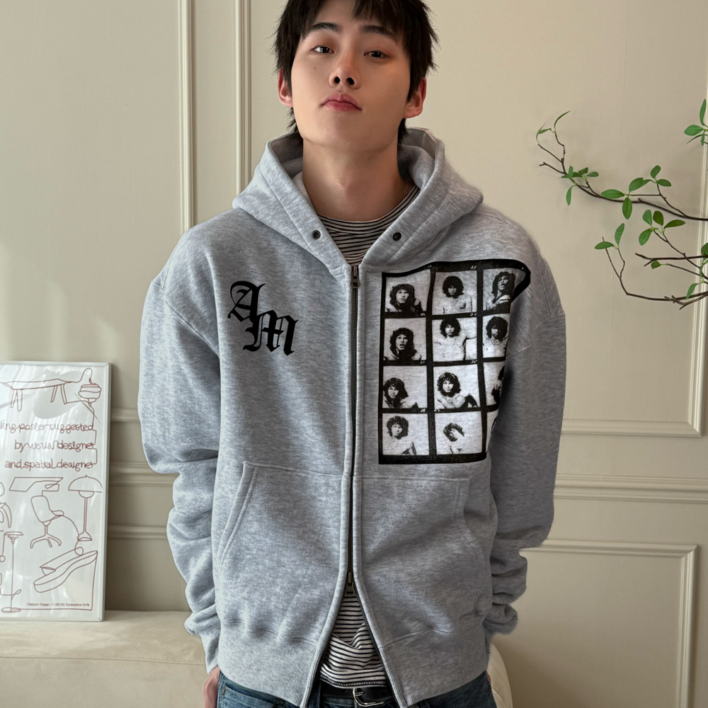 아모우 [기모] AM 히피 후드 집업 그레이(AMOU [Fleece] AM hippy Hoodie Zip-up Gray) - 3