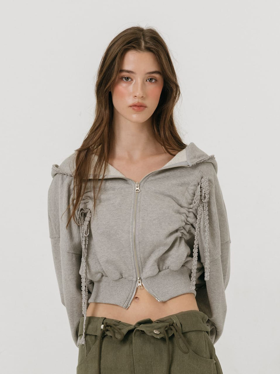 모이페어 레이스 스트링 후드 집업 그레이(MOIFAIRE Lace String Hoodie Zip-Up Grey) - 2