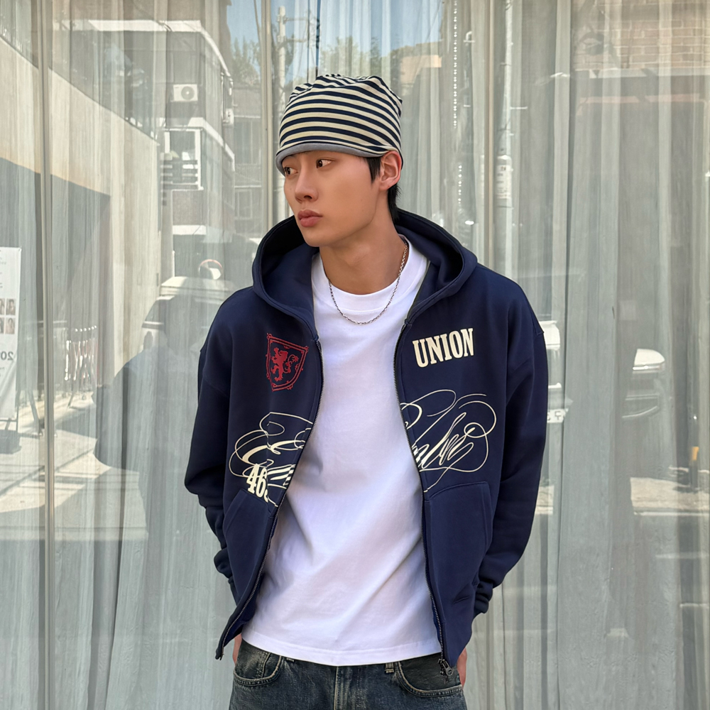 아모우 [기모] 클럽 후드 집업 블루(AMOU [Fleece] Club Hoodie Zip-up Blue) - 6