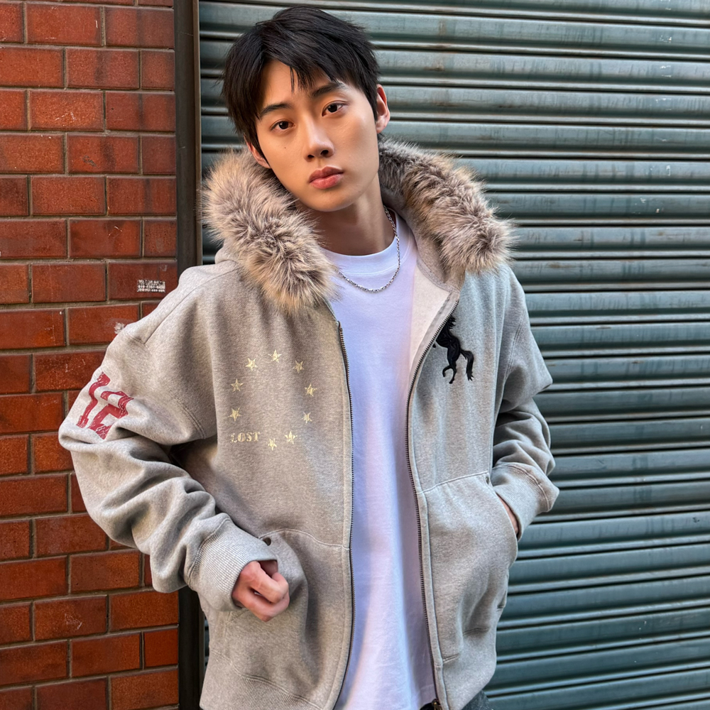 아모우 [기모]  포니 퍼 후드 집업 그레이(AMOU [Fleece] Pony Fur Hoodie Zip-up Gray) - 3