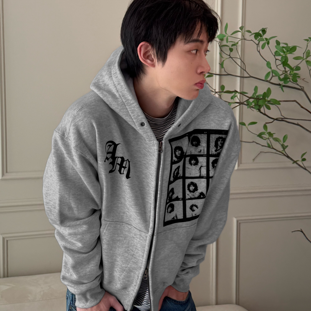 아모우 [기모] AM 히피 후드 집업 그레이(AMOU [Fleece] AM hippy Hoodie Zip-up Gray) - 5