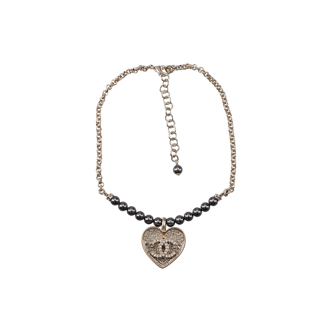 IT2B27KEJPDI Chanel CC Logo Choker Necklace Crystal Heart Black Pearls