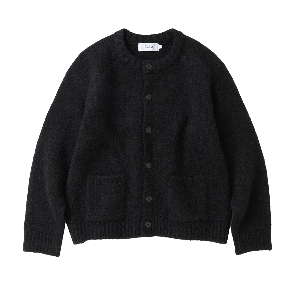 K26FWUCD04BK Knitted Boucle Reglan Pocket Crop Round Cardigan Black