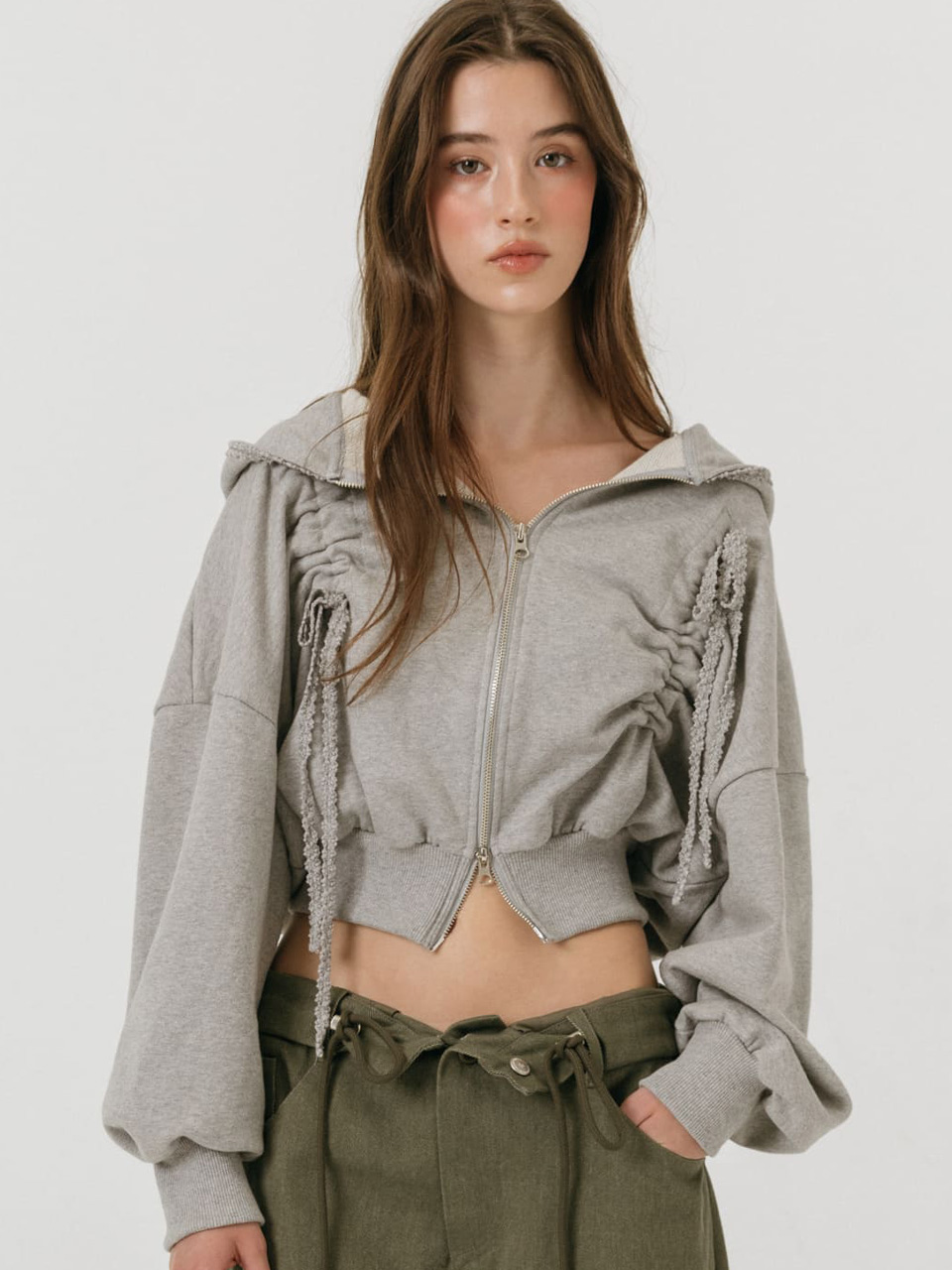 모이페어 레이스 스트링 후드 집업 그레이(MOIFAIRE Lace String Hoodie Zip-Up Grey) - 3