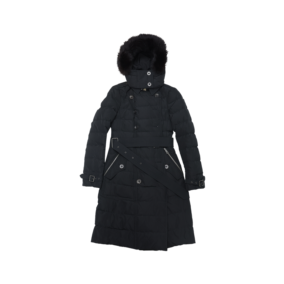 ITABK9BU6GJL Burberry Belted Downfield Long Coat Fur Trim in Black