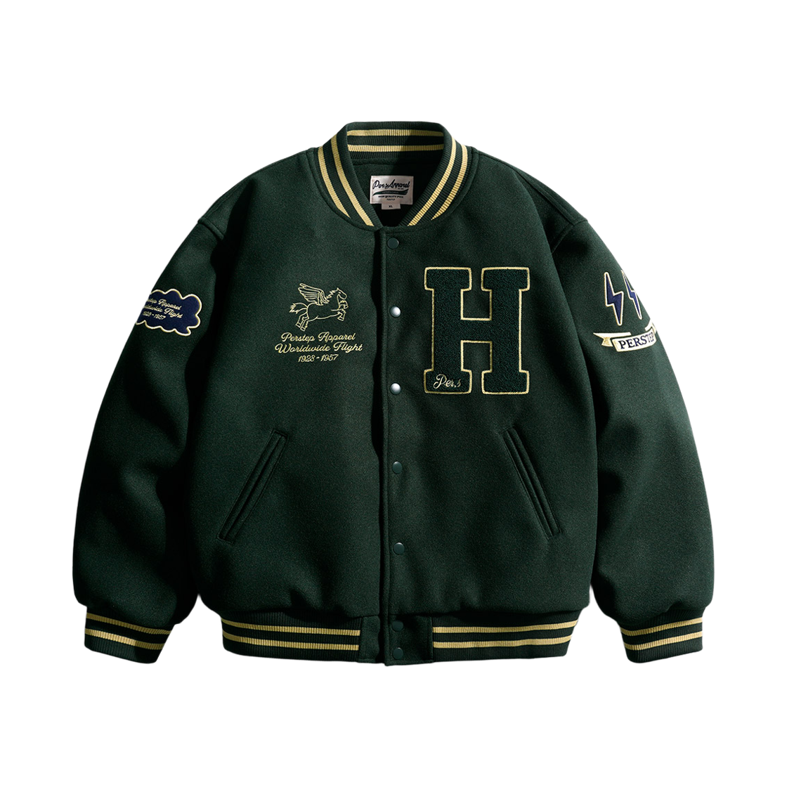 JUOT4593_Darkgreen_291 PERSTEP Flying Horse Varsity Jacket Darkgreen JUOT4593