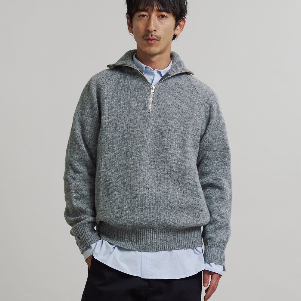 니티드 쉐기독 울 100% 하프 집업 니트 그레이(Knitted Shaggy Dog Wool 100% Half Zip Up Knit Grey) - 2