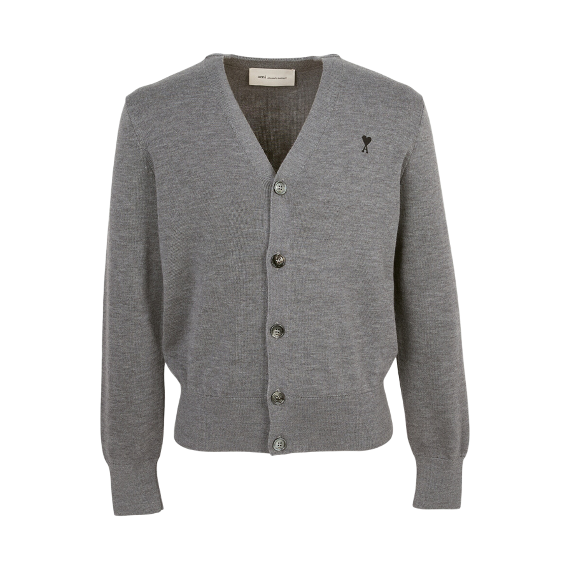 HKC361-001-A336 AMI de Coeur V-Neck Cardigan in Merino Wool Knit with Embroidery Grey Black