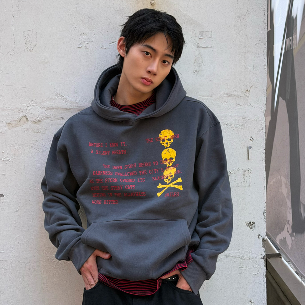 아모우 [기모] 스컬 레터 후디 차콜 그레이(AMOU [Fleece] Skull Letter Hoodie Chacoal Gray) - 4