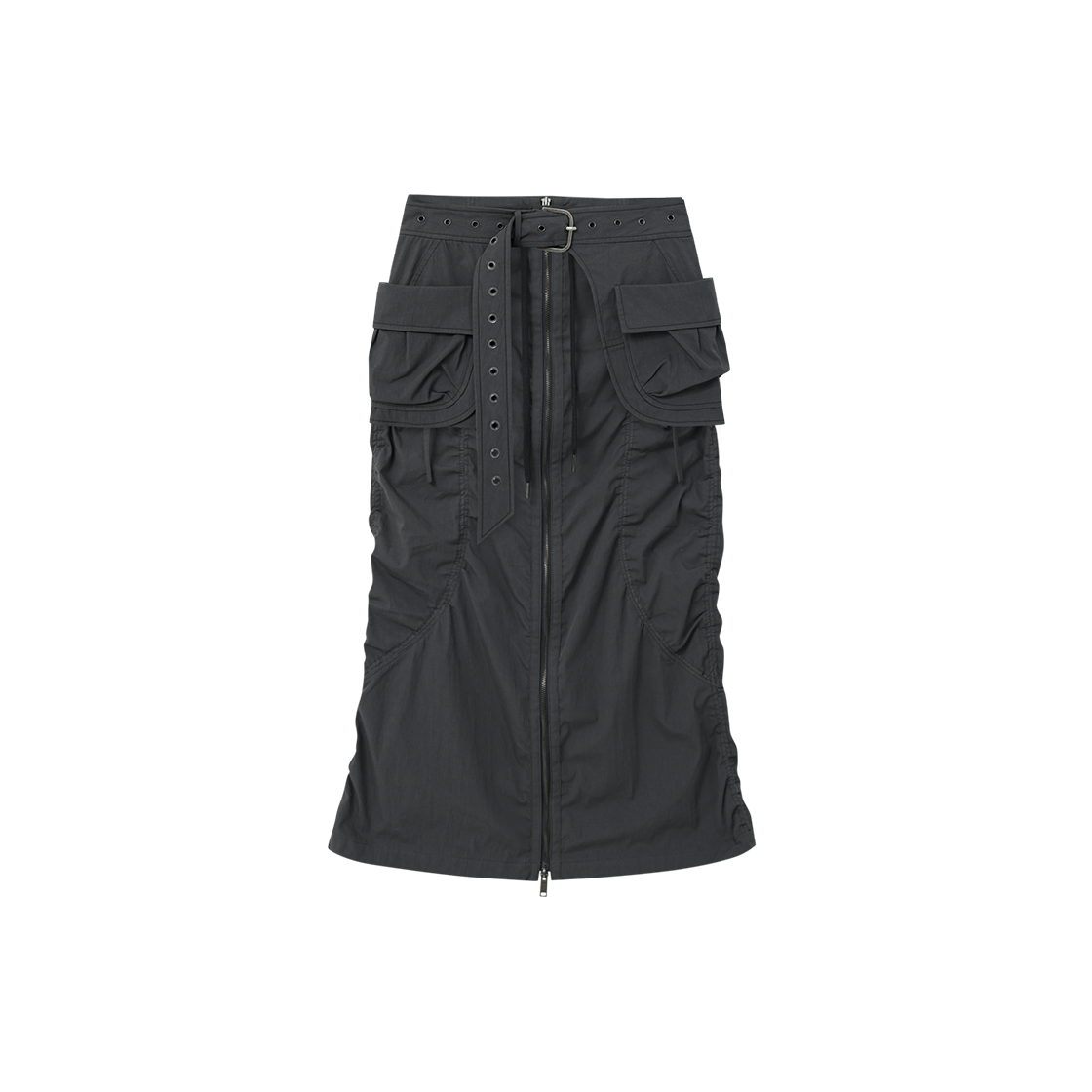 제뉴즈 레이어즈 벨트 지퍼 롱 스커트 - 차콜(Znuz Layerez Belt Zipper Long Skirt - Charcoal)