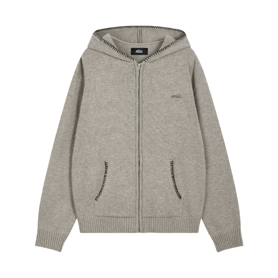 이미스 블랭킷 스티치 니트 후드 집 업 라이트 그레이(Emis Blanket Stitch Knit Hood Zip Up Light Gray)
