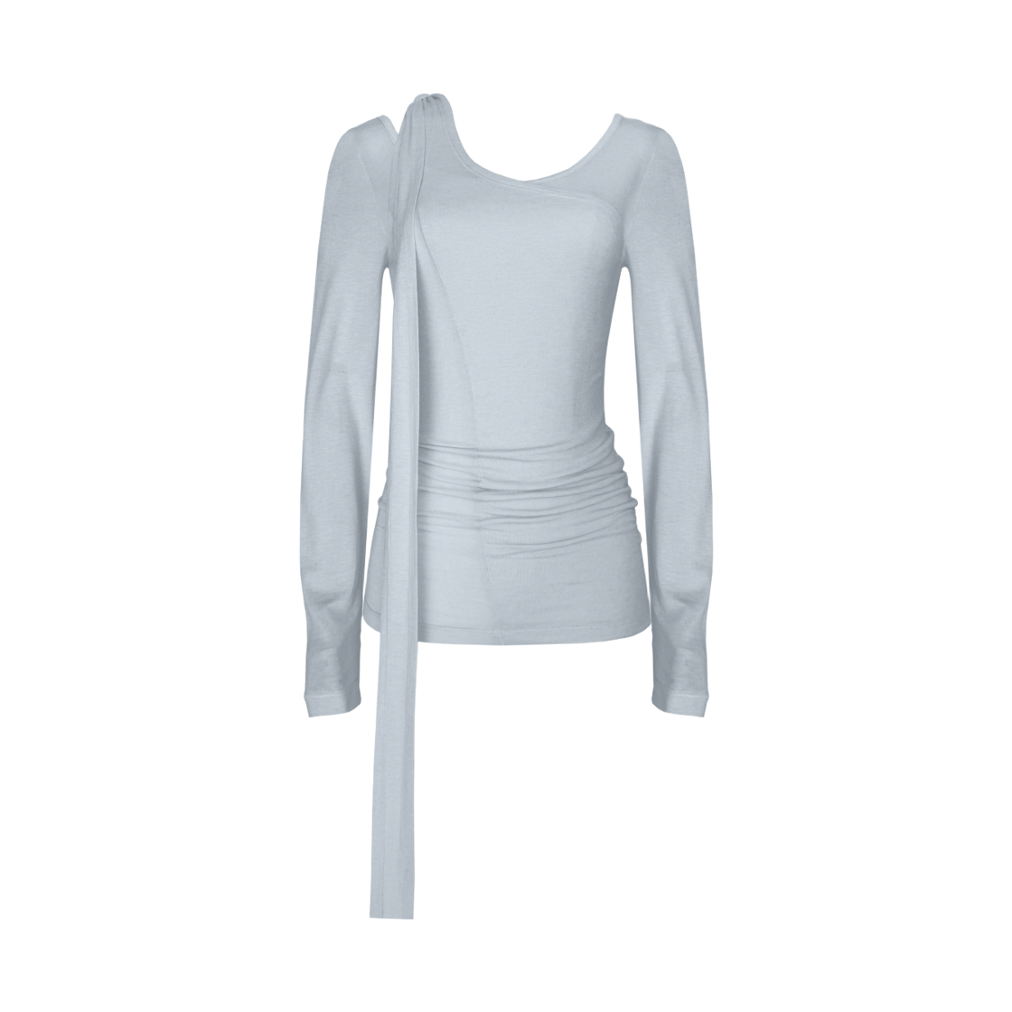 26AWJSTO01LB Juukiff Drape-Tie Long Sleeve Top In Modal-Wool Blend Light Melange Blue