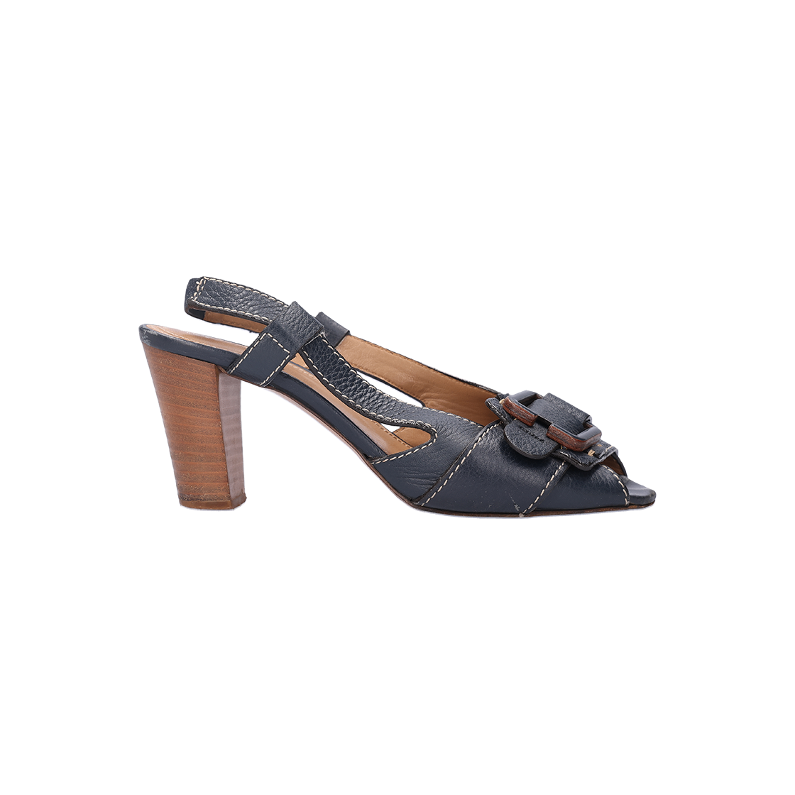 끌로에 사각 버클 디테일 페블 가죽 블록 힐 슬링백 샌들 카프스킨 다크 네이비 36(Chloe Square Buckle Pebble Leather Slingback Sandals Dark Navy) - 1