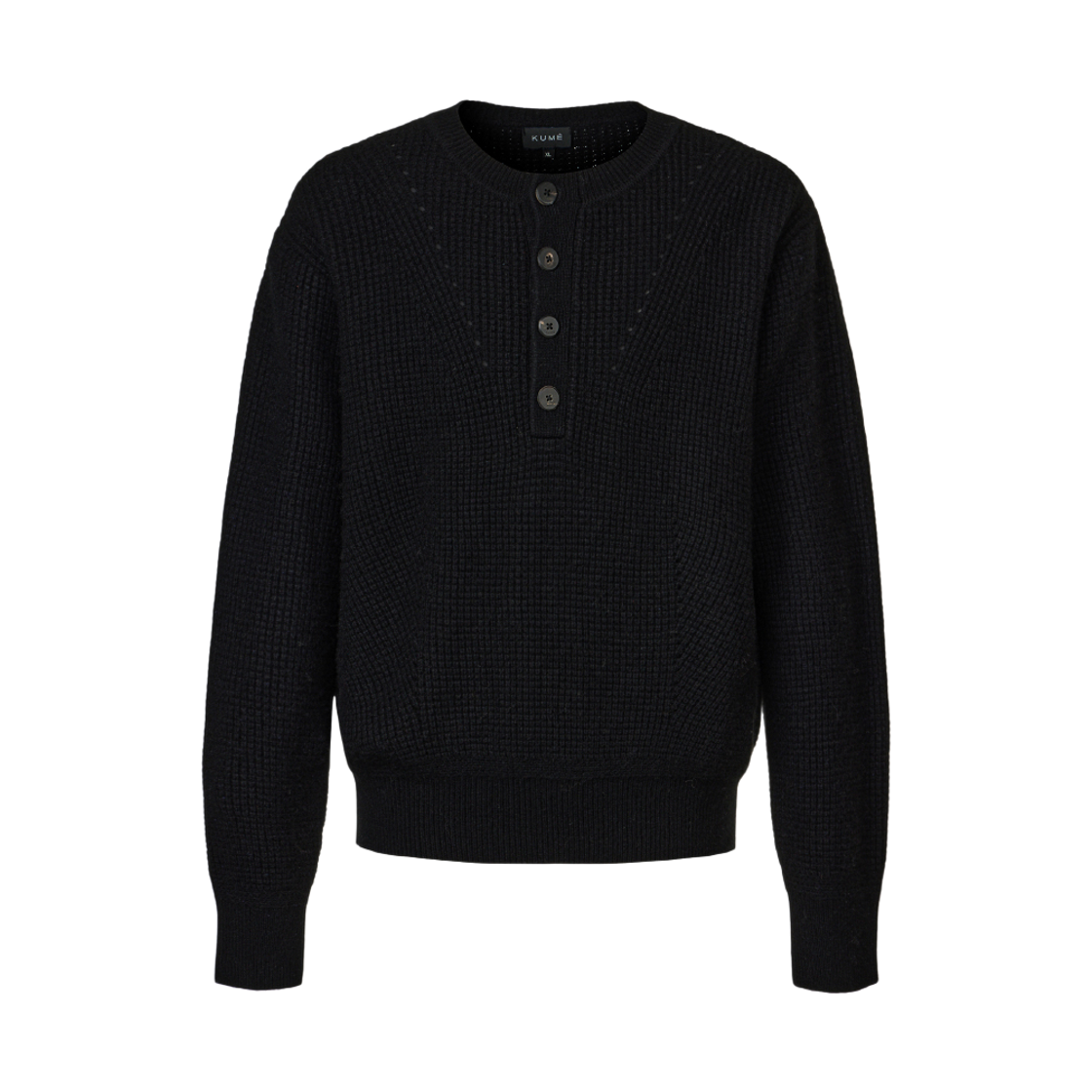 쿠메 남성 (MENS) 울 와플 헨리넥  니트 스웨터 블랙(KUME Men Wool Blend Waffle Henley Sweater Black)