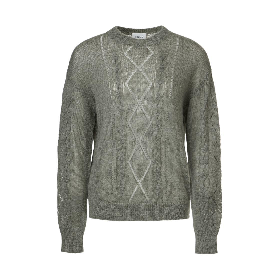 쿠메 모헤어 스카시 시스루 니트 카키(KUME Mohair Sheer Argyle Knit Khaki)
