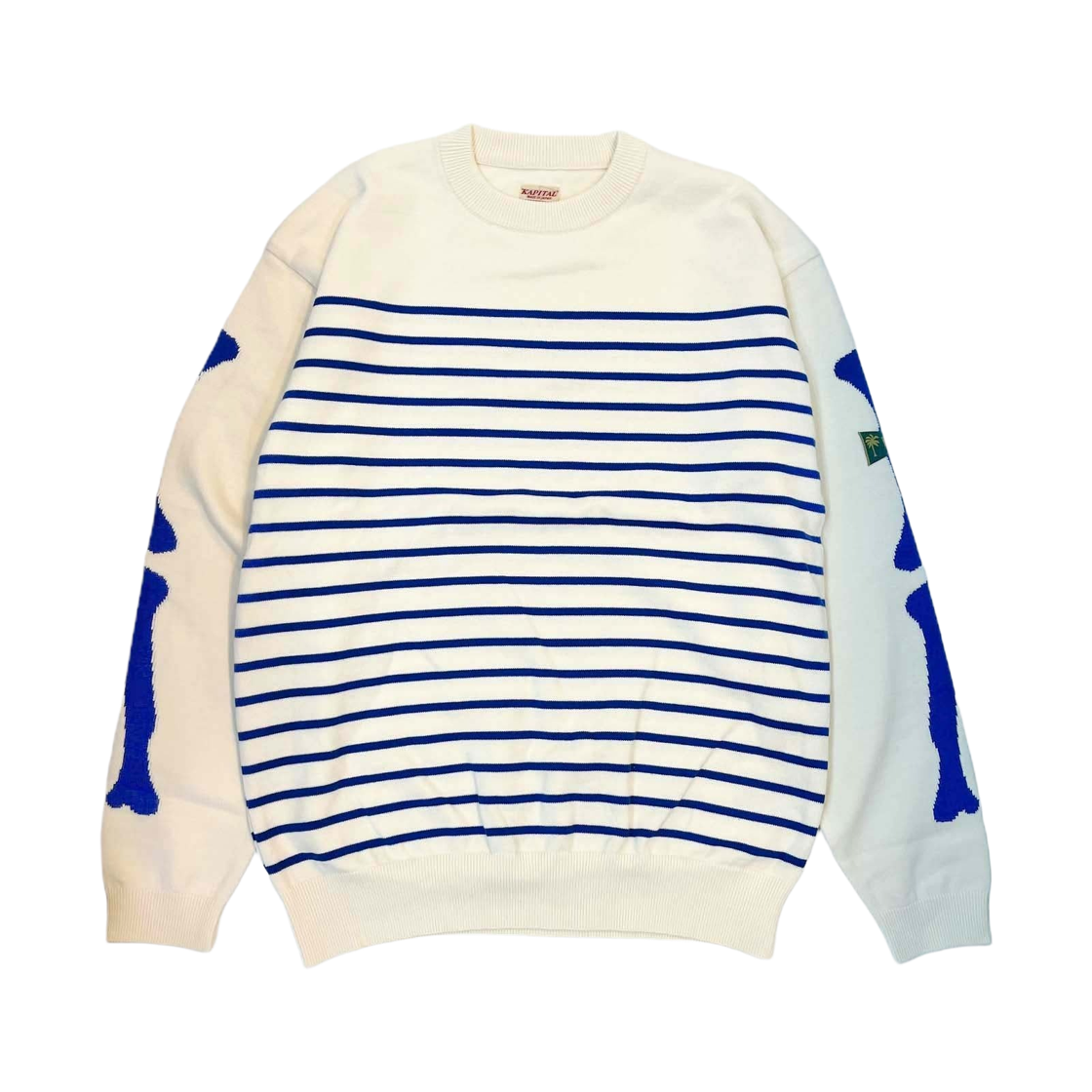 K2609KN067 Kapital 12G Panel Border Knit Crew Neck Sweater Kinari Blue