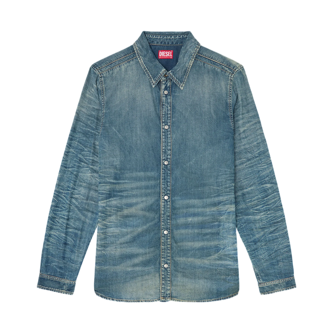 A2594606A11-01 Diesel Shirt In Dirty-Effect Creased Denim Medium Blue