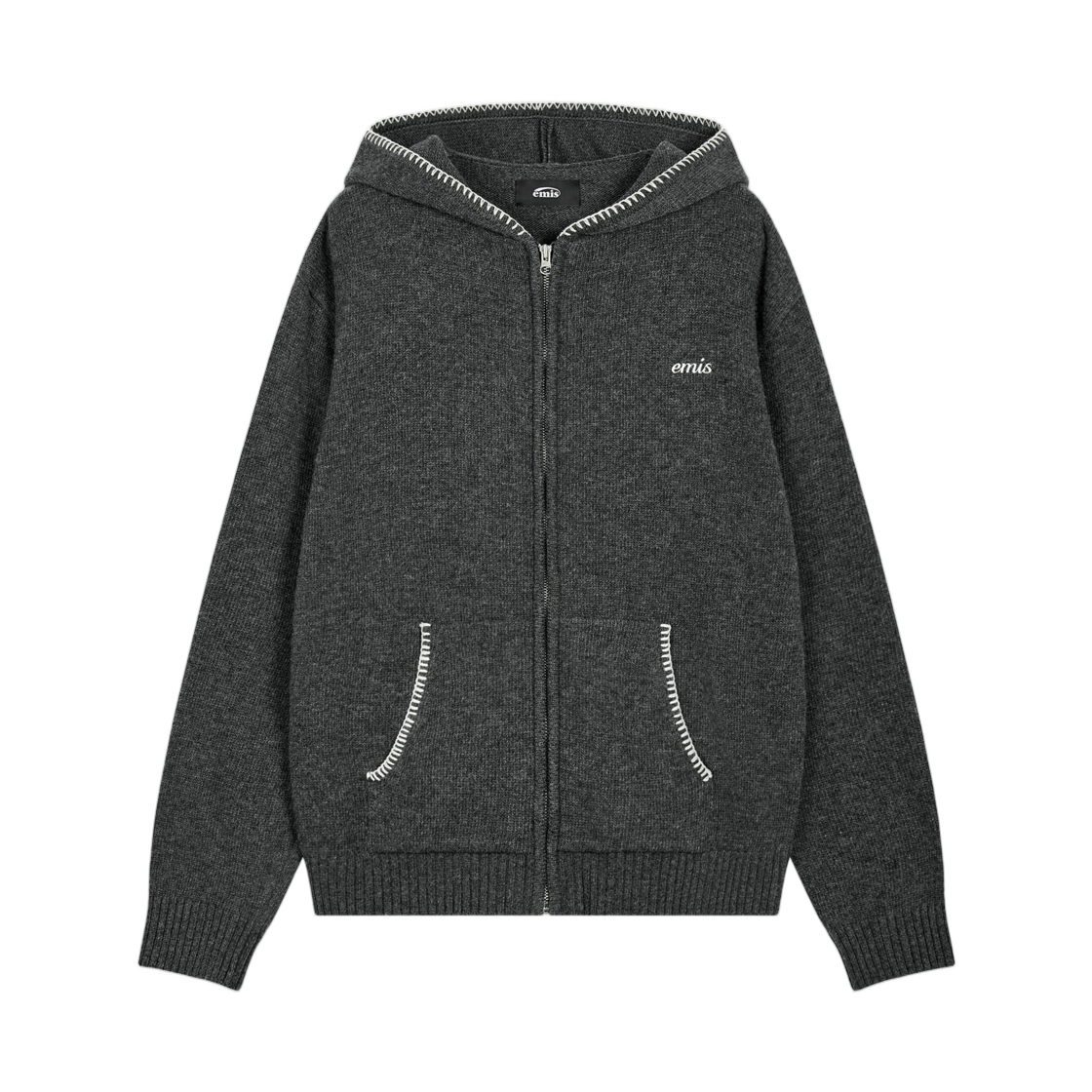 이미스 블랭킷 스티치 니트 후드 집 업 차콜(Emis Blanket Stitch Knit Hood Zip Up Charcoal)