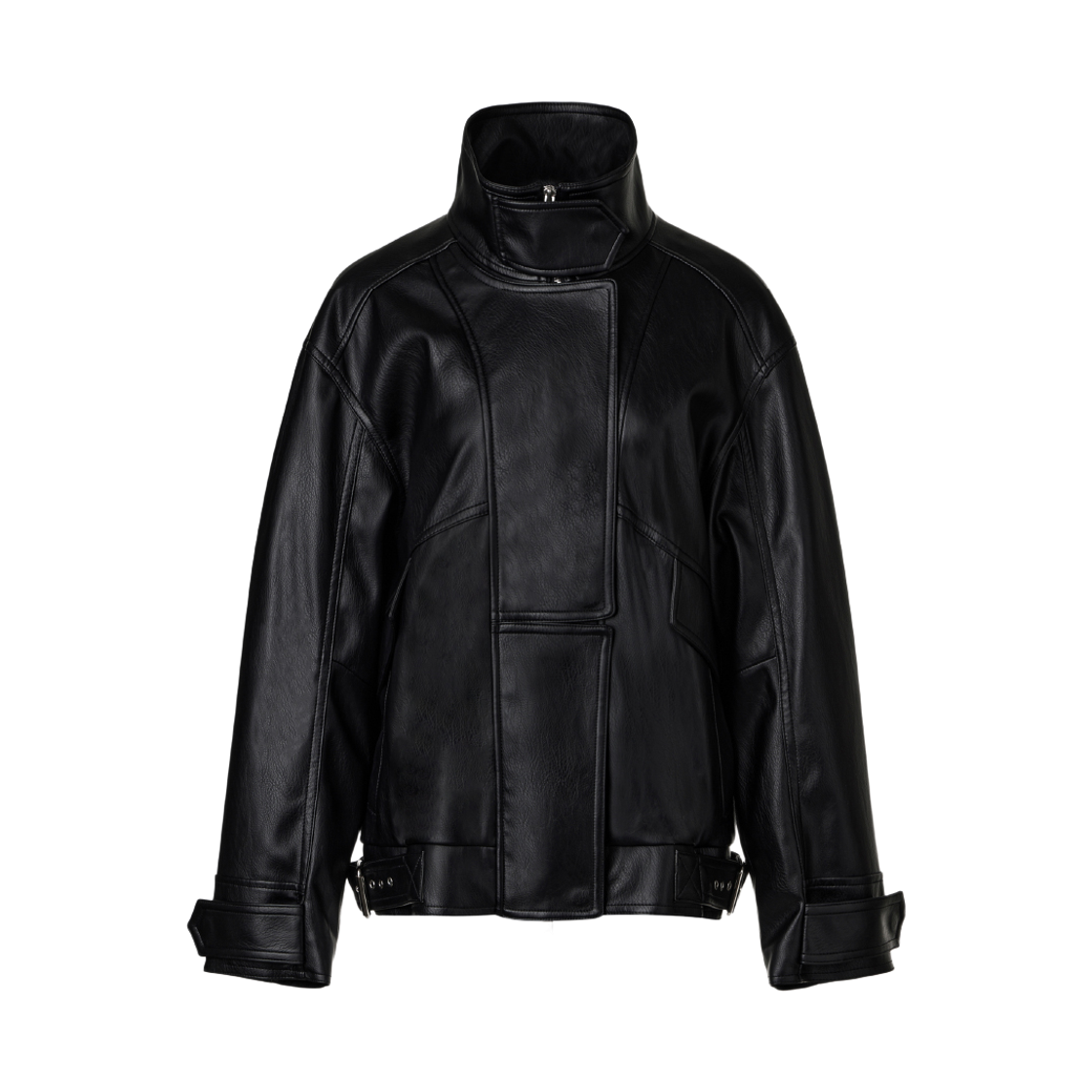 쿠메 하이넥 오버사이즈 페이크 레더 블루종  블랙(KUME Oversized Belted Faux Leather Jacket Black)