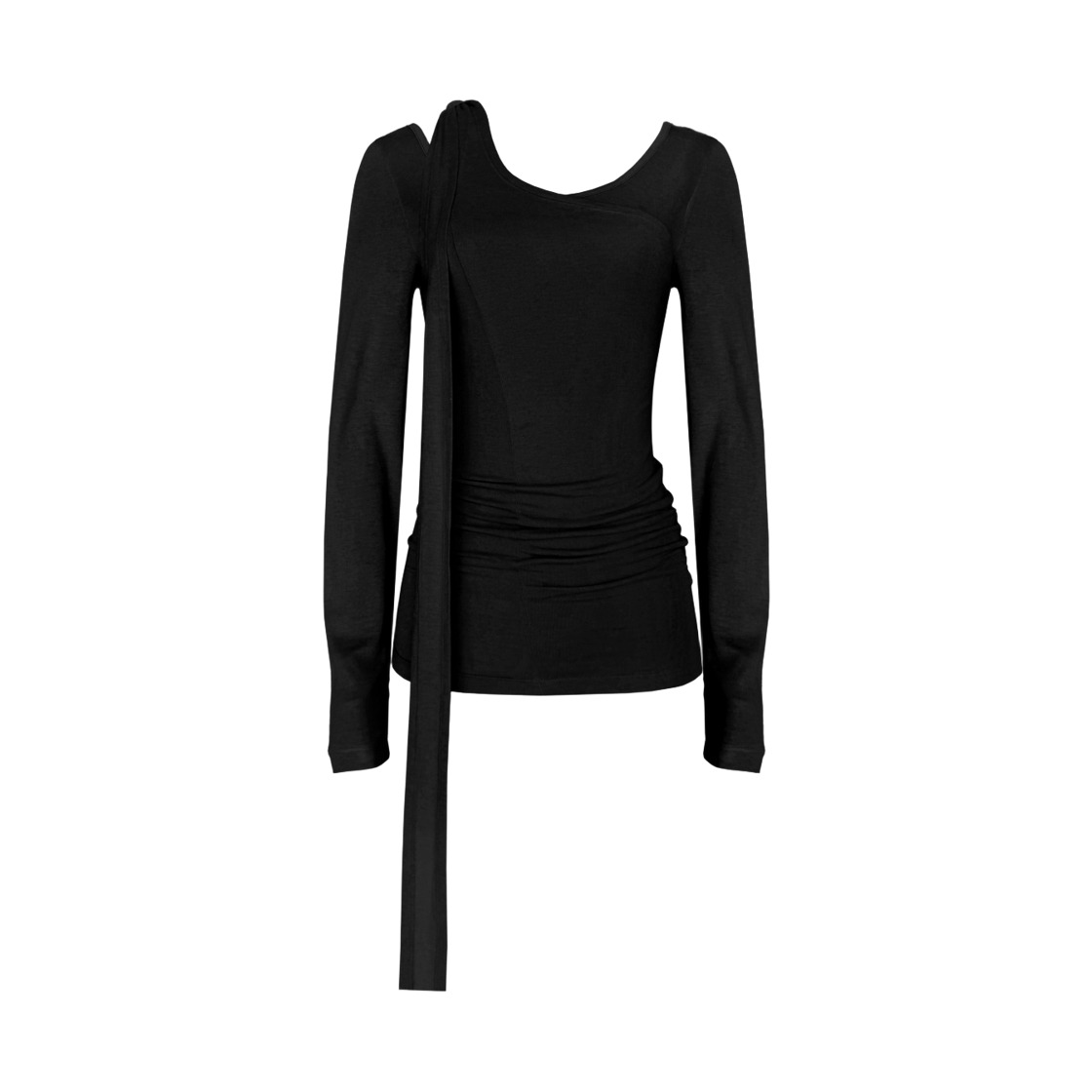 26AWJSTO01BK Juukiff Drape-Tie Long Sleeve Top In Modal-Wool Blend Black