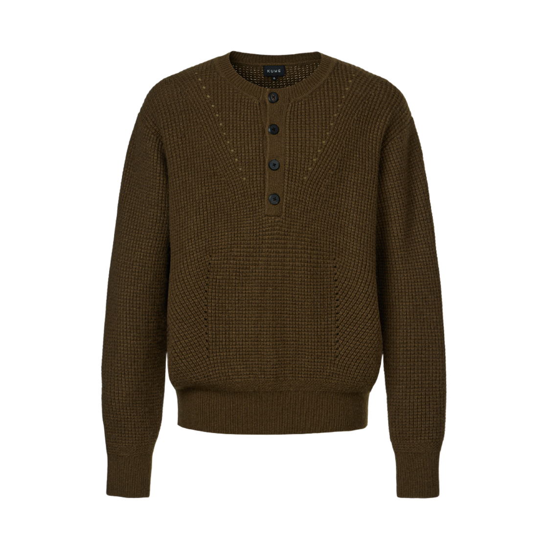 쿠메 남성 (MENS) 울 와플 헨리넥  니트 스웨터 카키(KUME Men Wool Blend Waffle Henley Sweater Kahki) - 1