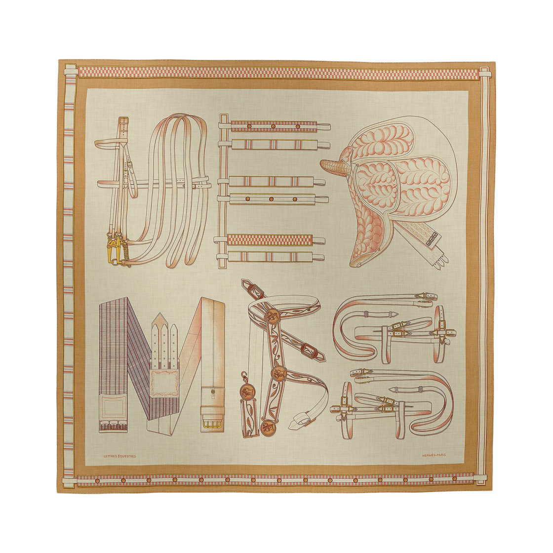 H244039S01 Hermes Lettres Equestres Shawl 140 Cashmere Silk & Naturel Beige Rose Poudre