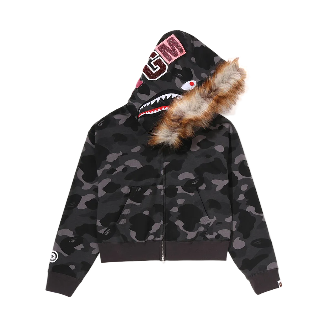 - (W) BAPE Color Camo Fur Shark Cropped Zip Hoodie Black