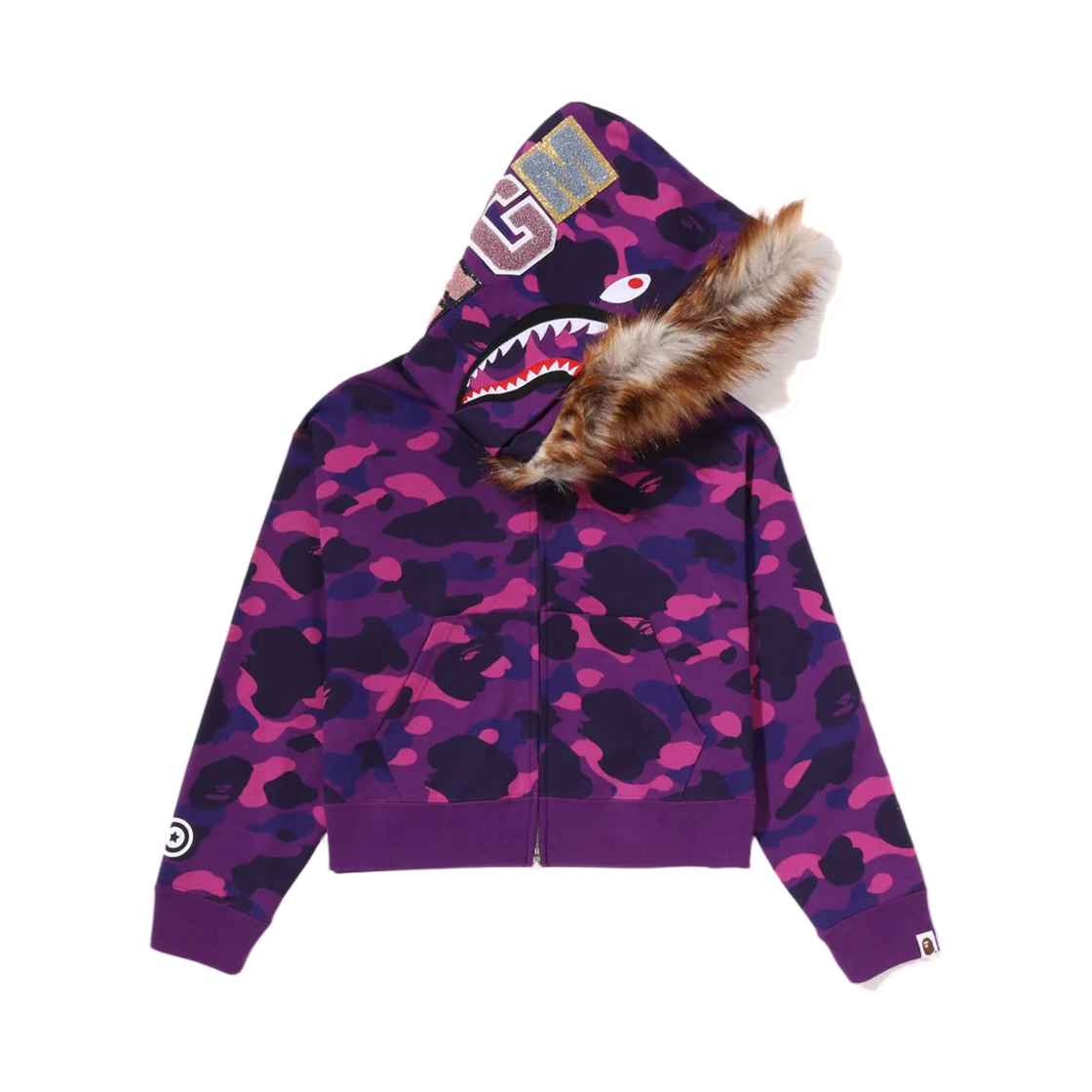 - (W) BAPE Color Camo Fur Shark Cropped Zip Hoodie Purple
