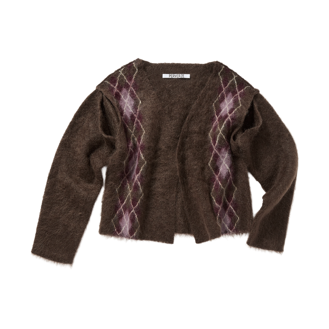 KW6DKNCPZ05BR Perverze Women Wide Slit Argyle Line Cardigan Brown - 26FW