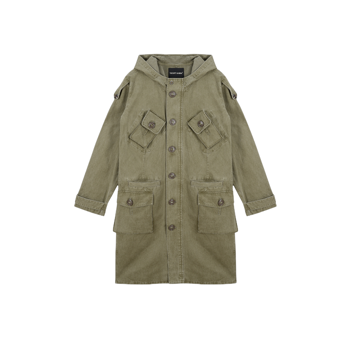 베이컨트 아카이브 엘빈 밀리터리 롱 후디 코트 카키(Vacant Archive Men Elvin Millitary Long Hoodie Coat Khaki)