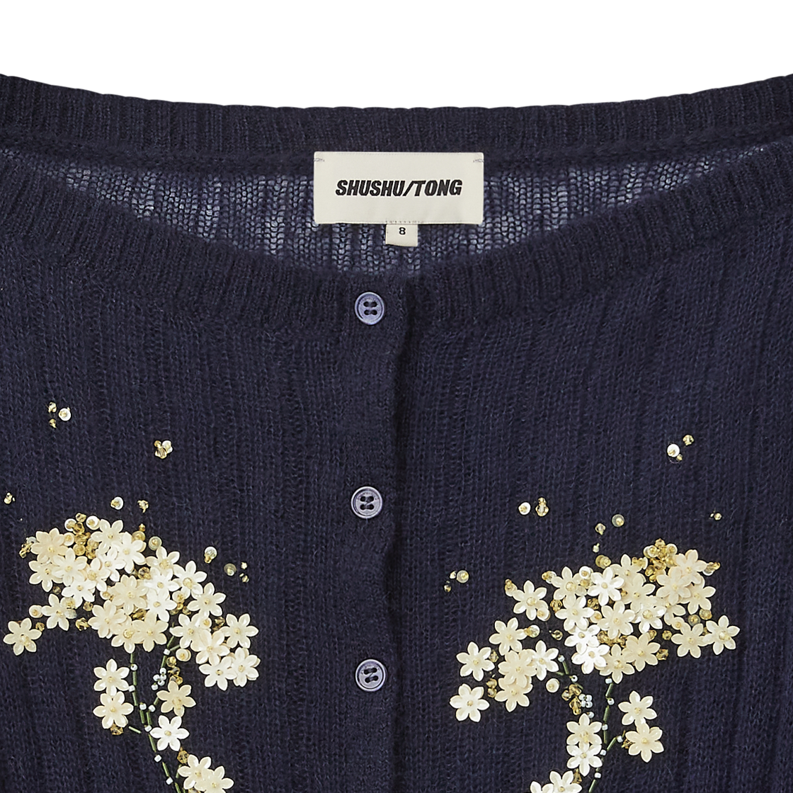 슈슈통 우먼 비디드 플로럴 엠벨리시드 니트 가디건 네이비 블루 - 26FW(Shushu/Tong Women Beaded Floral Embellished Knit Cardigan Navy Blue - 26FW) - 3