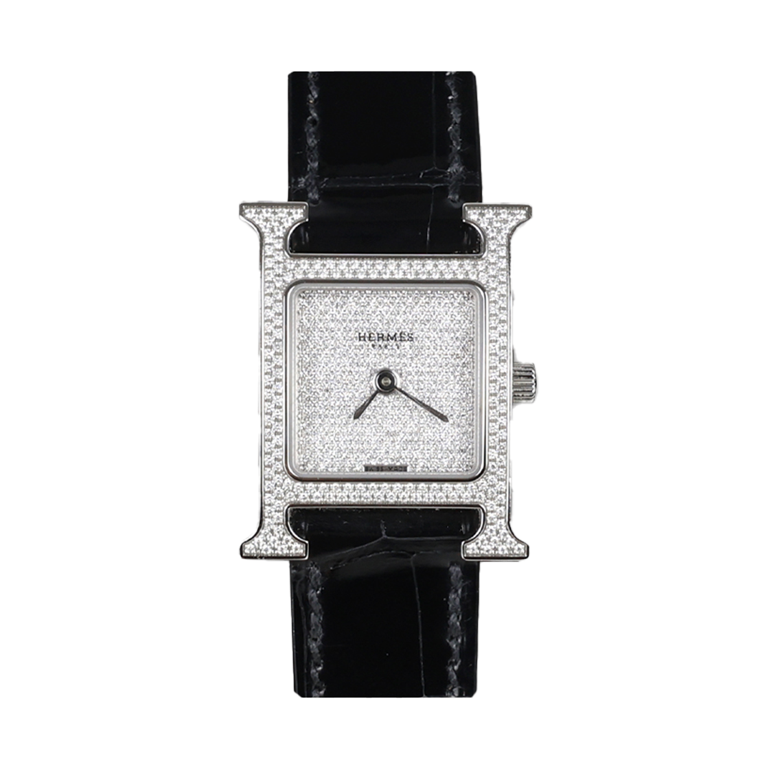 ITO8BFTDKM2I Hermes H Hour Full Diamond Black Alligator Silver