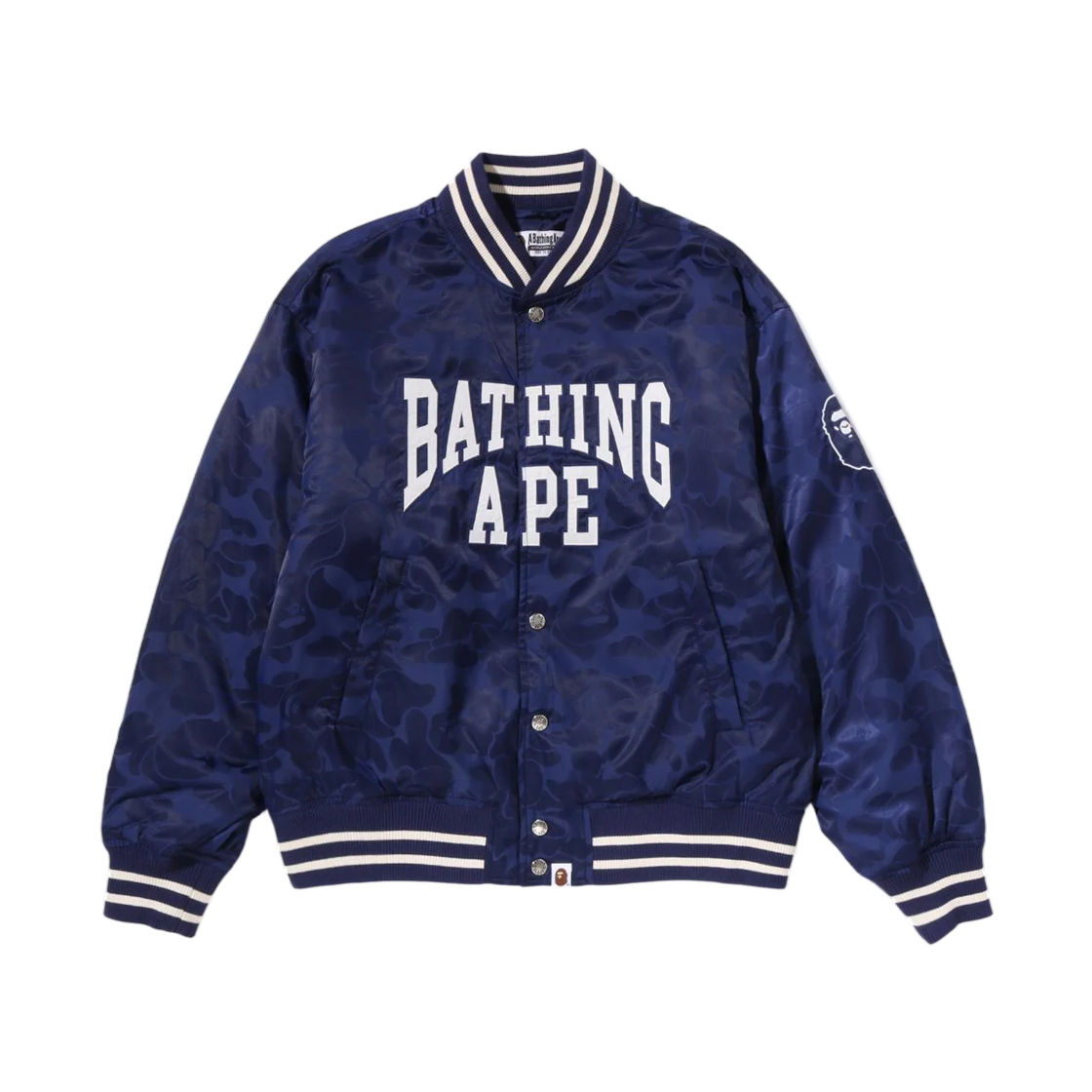 - BAPE Solid Camo Nylon Jacquard Varsity Jacket Navy