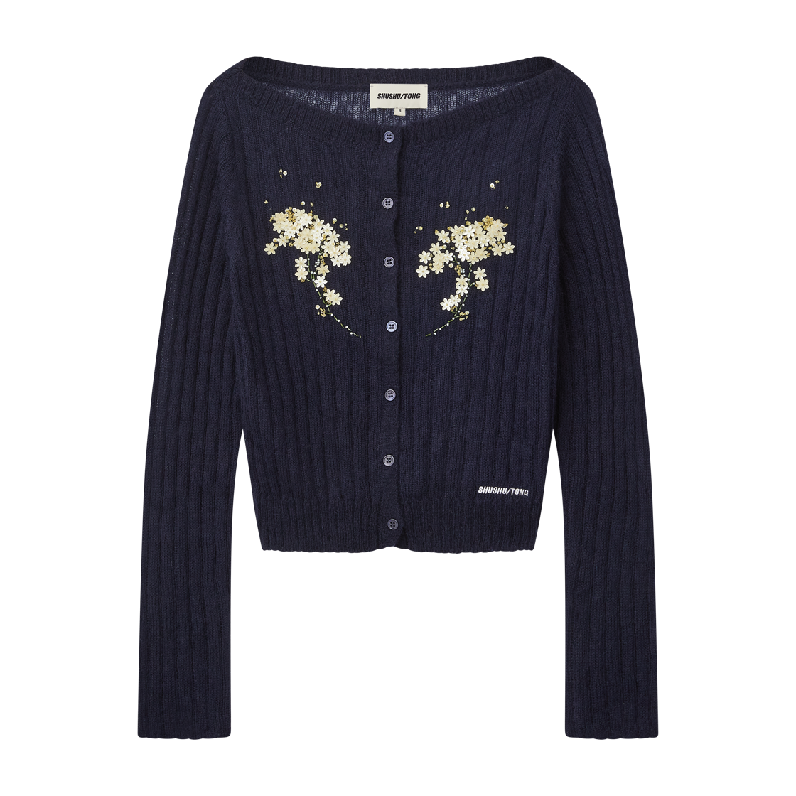 슈슈통 우먼 비디드 플로럴 엠벨리시드 니트 가디건 네이비 블루 - 26FW(Shushu/Tong Women Beaded Floral Embellished Knit Cardigan Navy Blue - 26FW) - 1