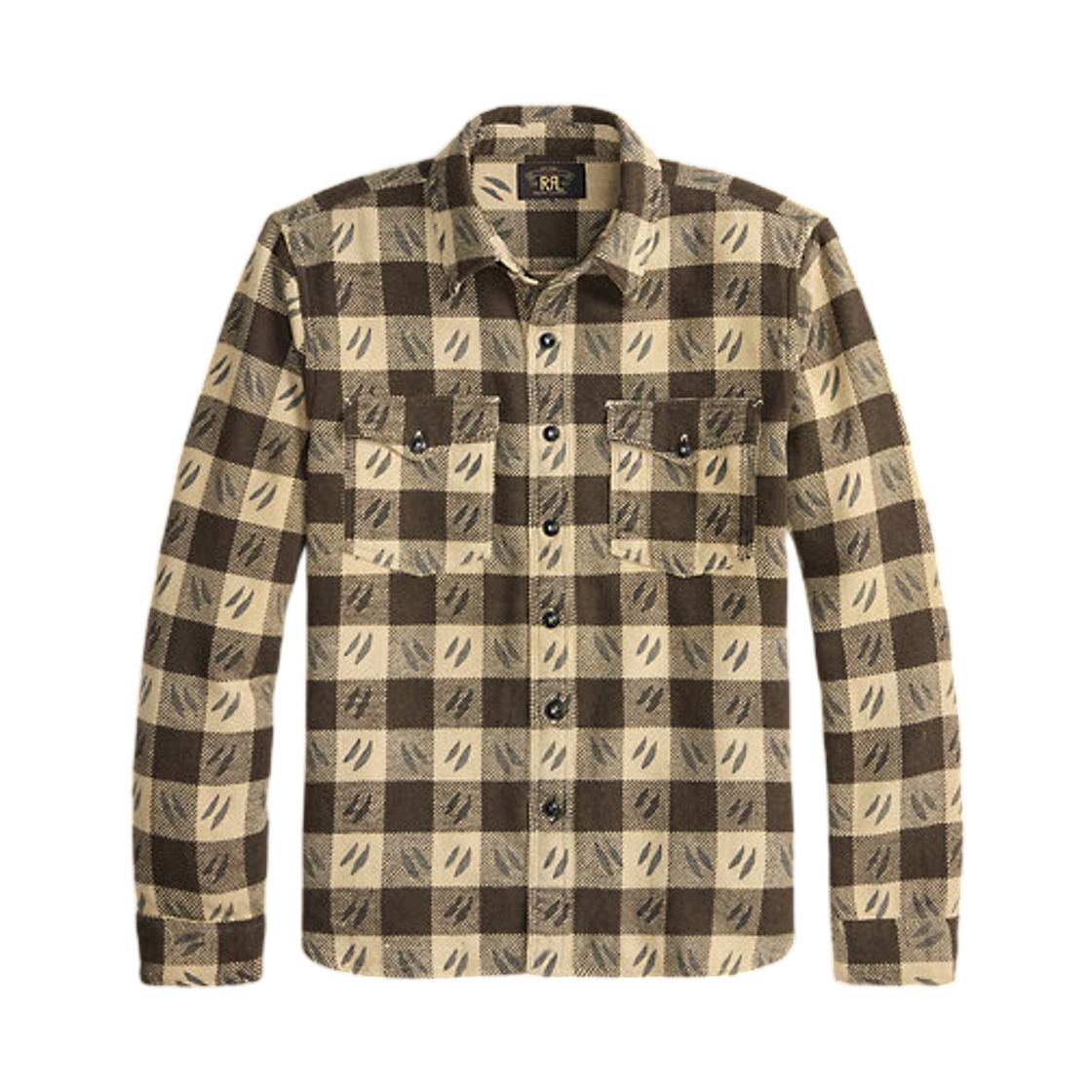 100099322 Double RL Leaf Print Checked Twill Workshirt Brown Cream