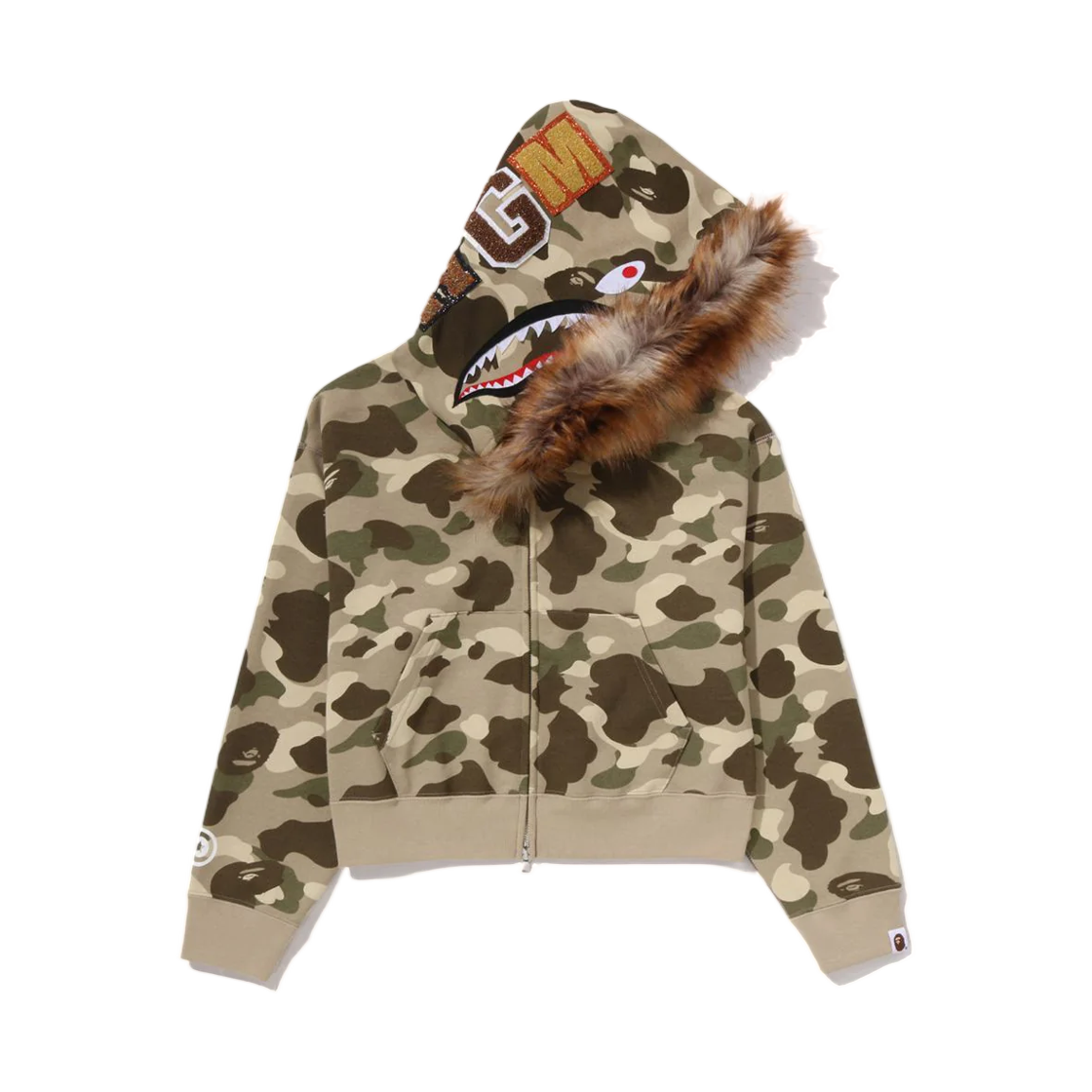 - (W) BAPE Color Camo Fur Shark Cropped Zip Hoodie Brown