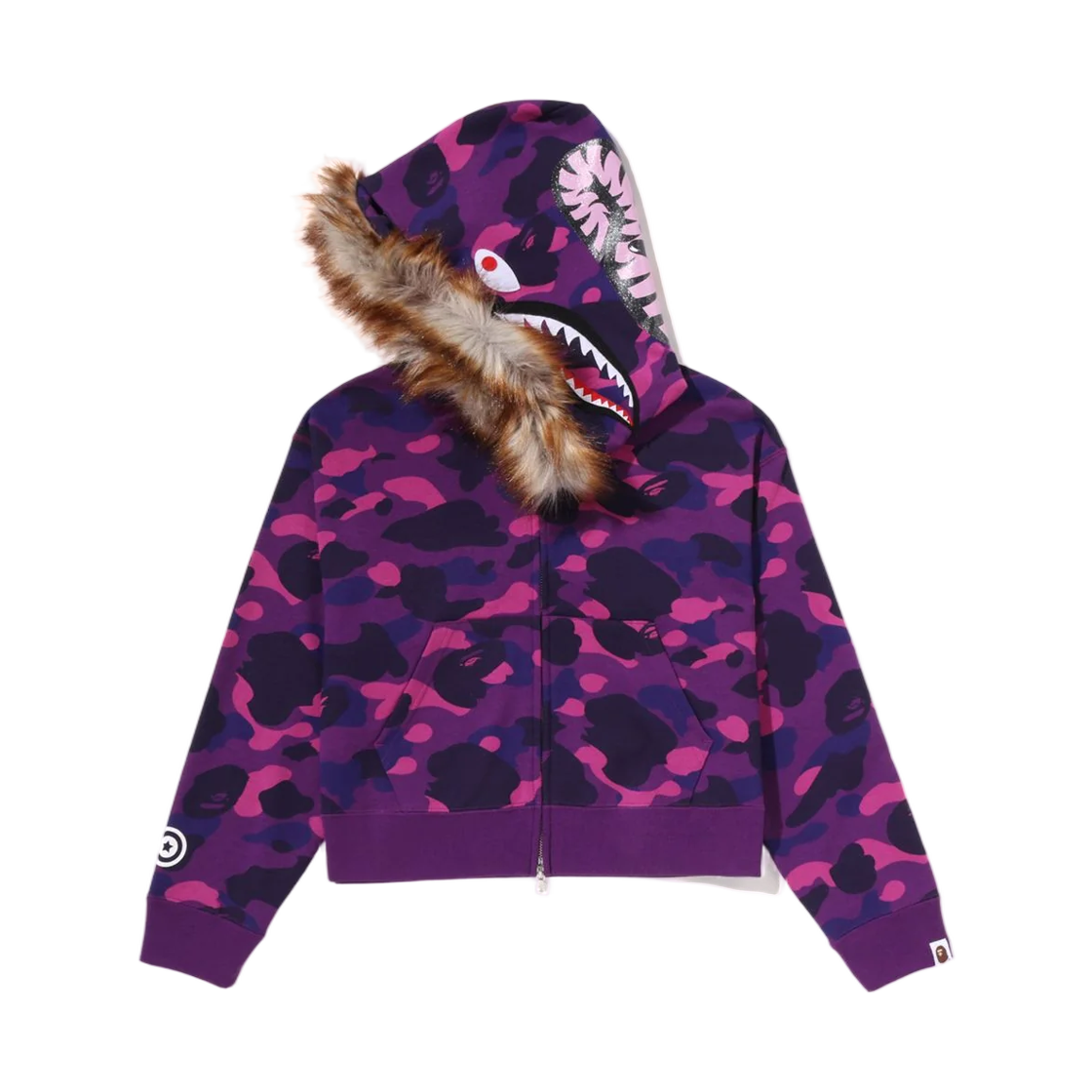 (W) 베이프 컬러 카모 퍼 샤크 크롭 집 후드 퍼플((W) BAPE Color Camo Fur Shark Cropped Zip Hoodie Purple) - 2